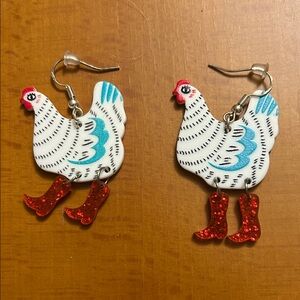 White Chicken Dangle Earrings with Red Glitter Boots - Unbranded